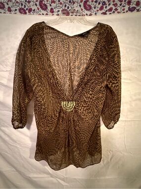 Express Brown Sheer Animal-Print V-Neck Blouse with Embellished Accent